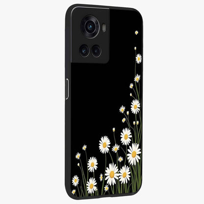 Daisy Cascade on Black Glass Case for 1+10R side perspective highlighting delicate daisy detailing and smooth edges