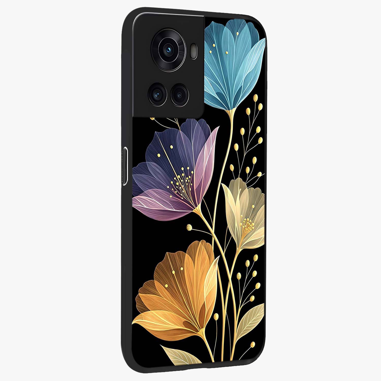 Delicate Multicolor Flowers Glass Case for 1+10R side perspective highlighting colorful floral textures and premium edges