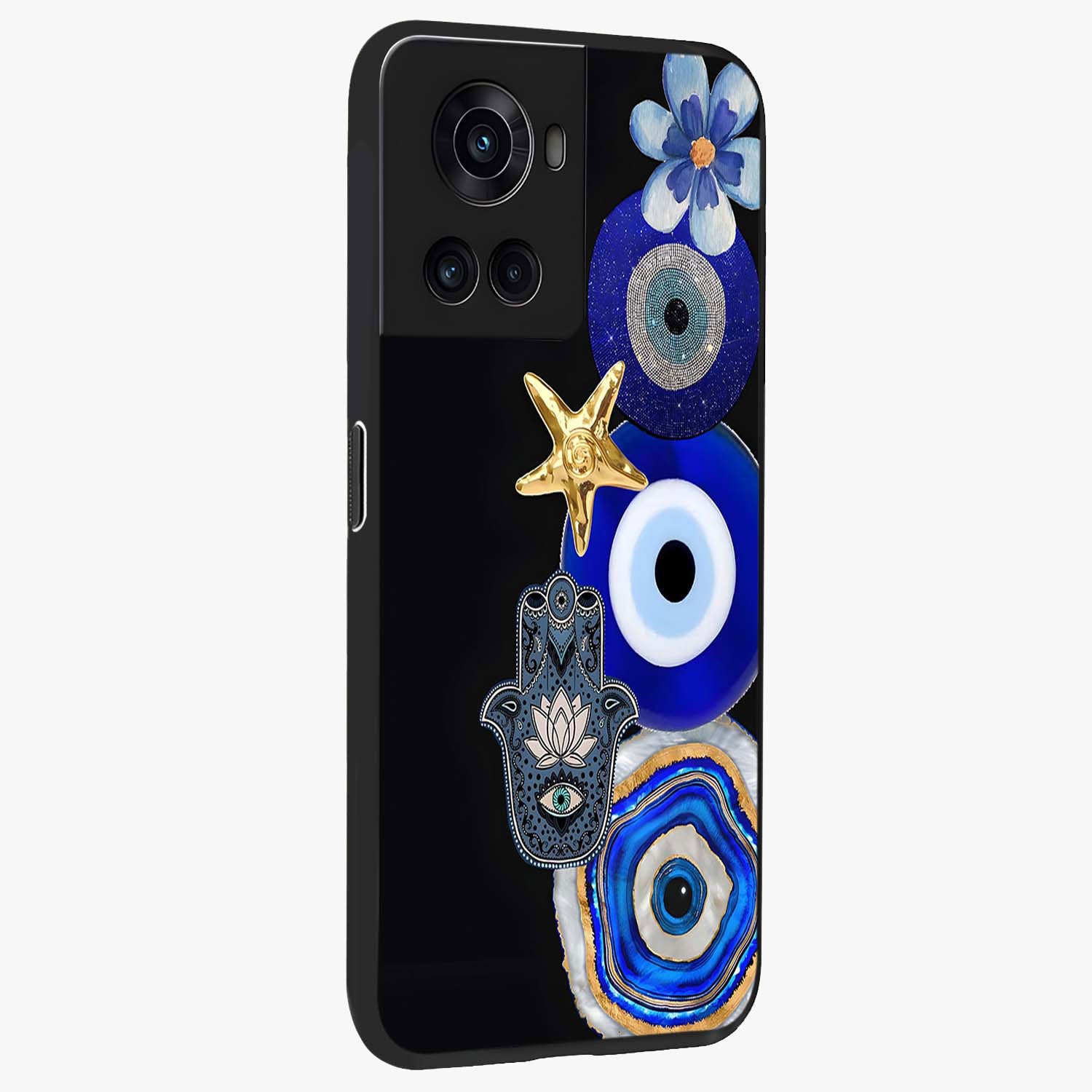 Divine Eye Bloom Glass Case for 1+10R side perspective highlighting intricate bloom patterns and sleek build