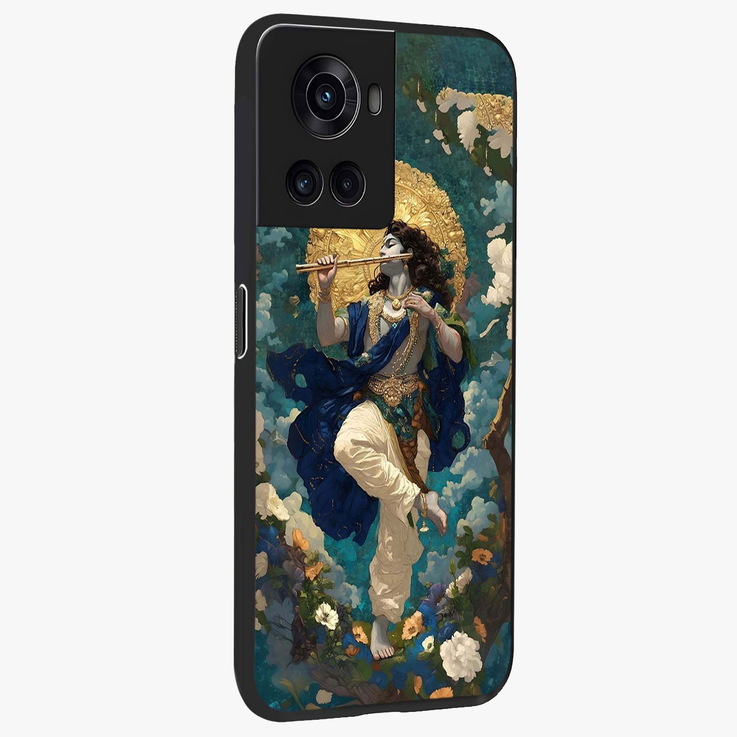 Divine Krishna Art Glass Case for 1+10R side perspective highlighting intricate divine illustration and premium edges