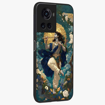 Divine Krishna Art Glass Case for 1+10R side perspective highlighting intricate divine illustration and premium edges