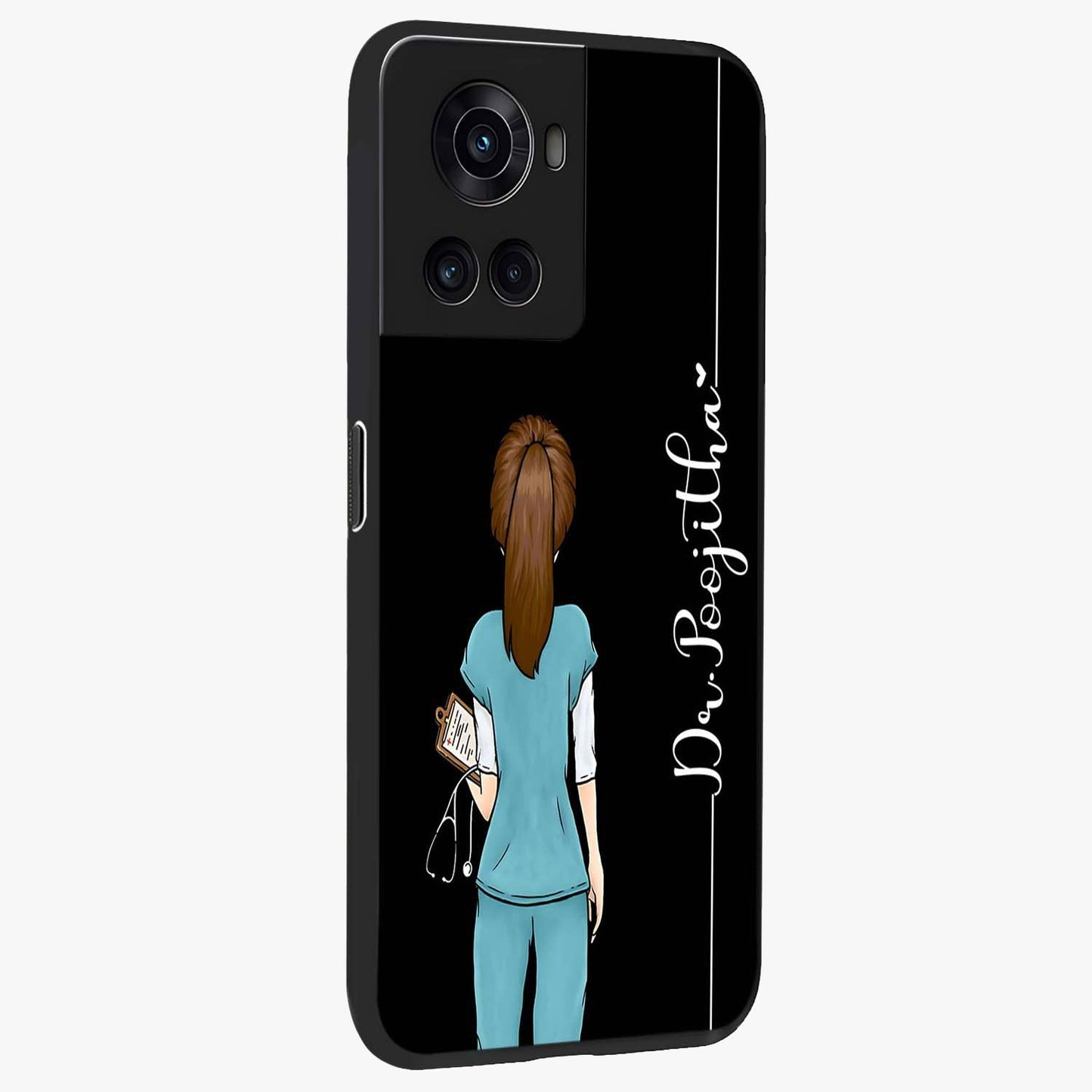 Doctor Pattern Custom Name Glass Case for 1+10R side perspective highlighting custom typography and smooth premium edges