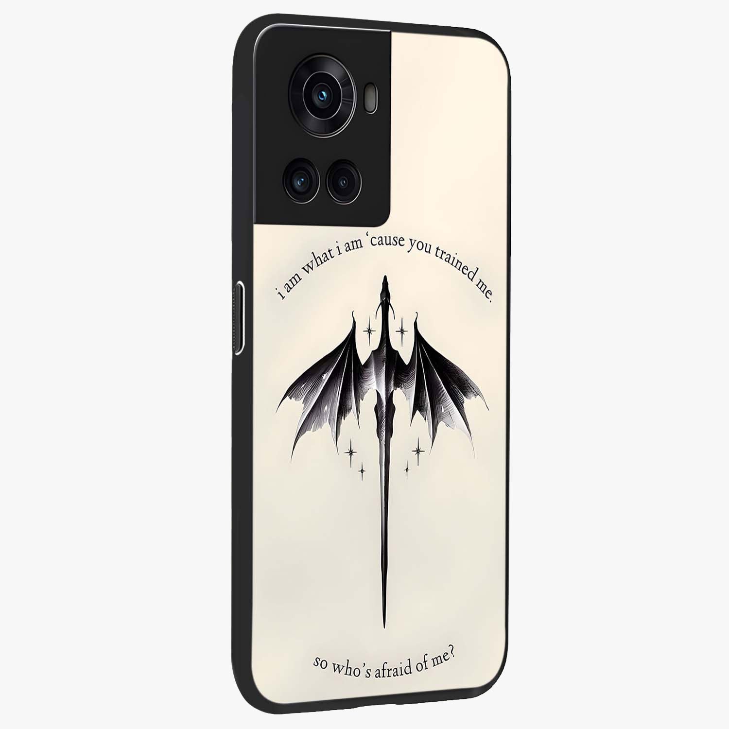 Dragon Quote Art Glass Case for 1+10R side perspective highlighting intricate dragon textures and sleek build