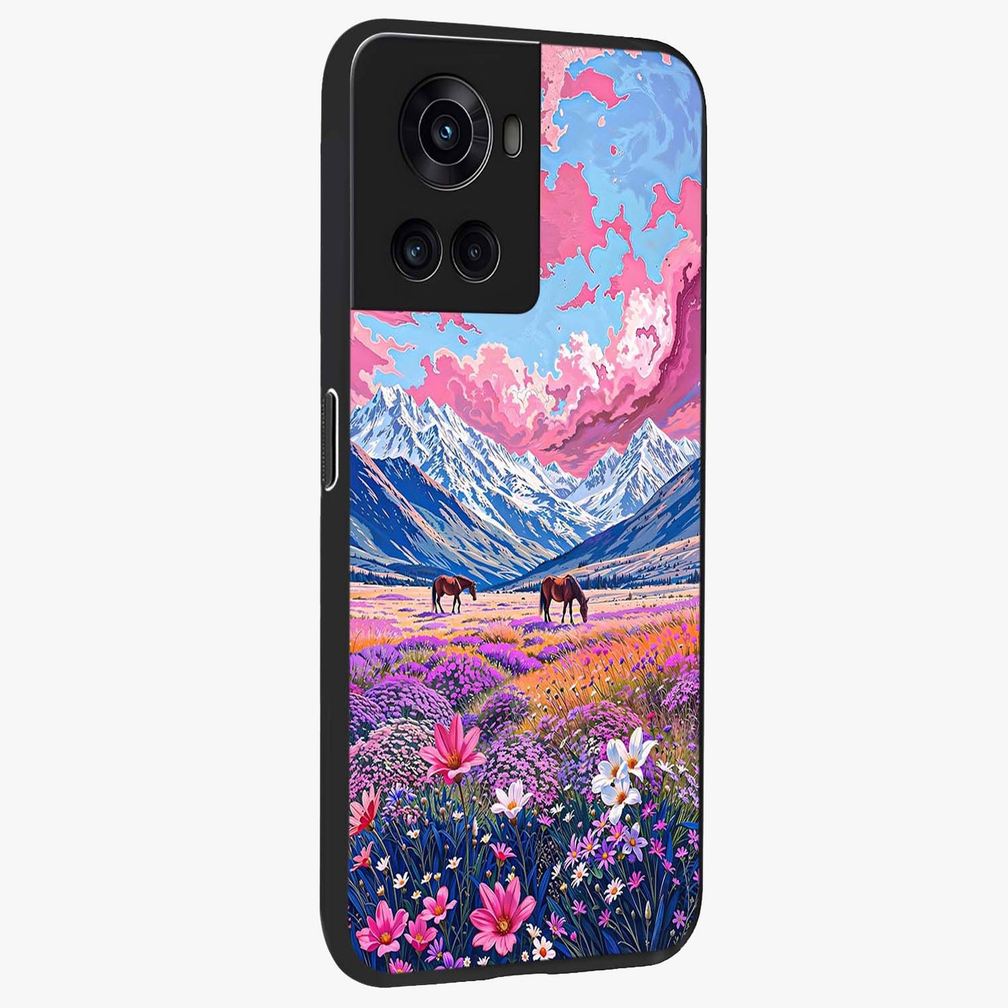 Dreamy Floral Pastures Glass Case for 1+10R side perspective highlighting calming floral detailing and sleek build