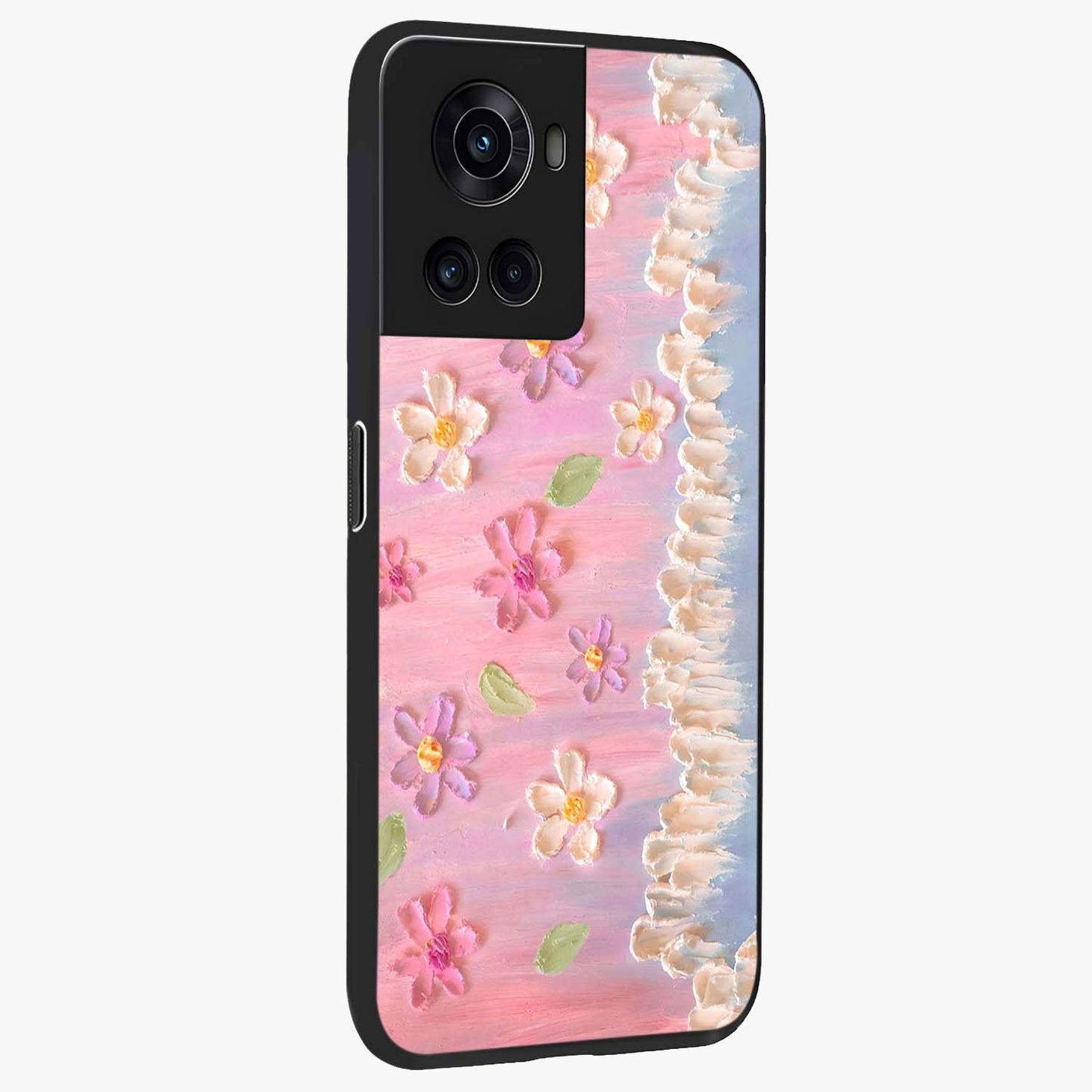 Dreamy Painted Garden Glass Case for 1+10R side perspective highlighting colorful bloom details and premium edges