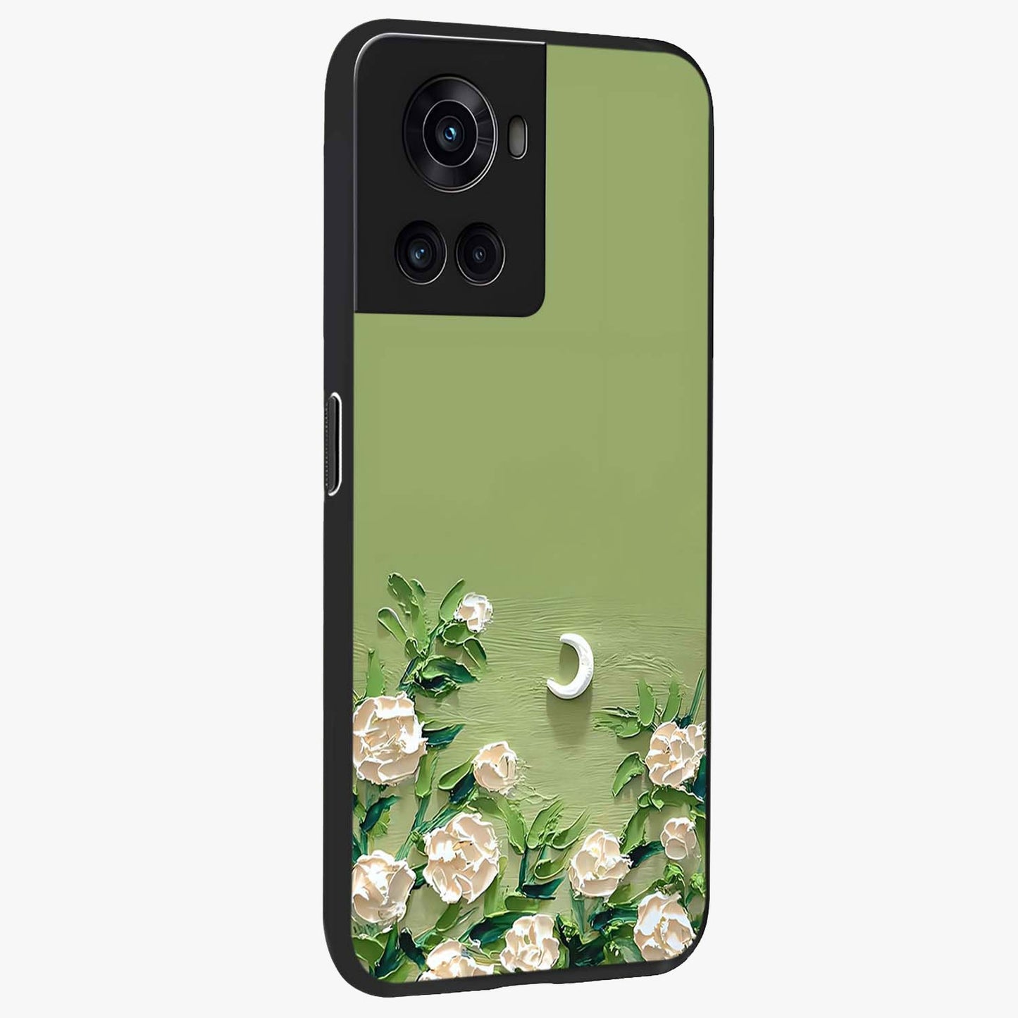 Emerald Bloom Calm Glass Case for 1+10R side perspective highlighting delicate bloom detailing and smooth edges