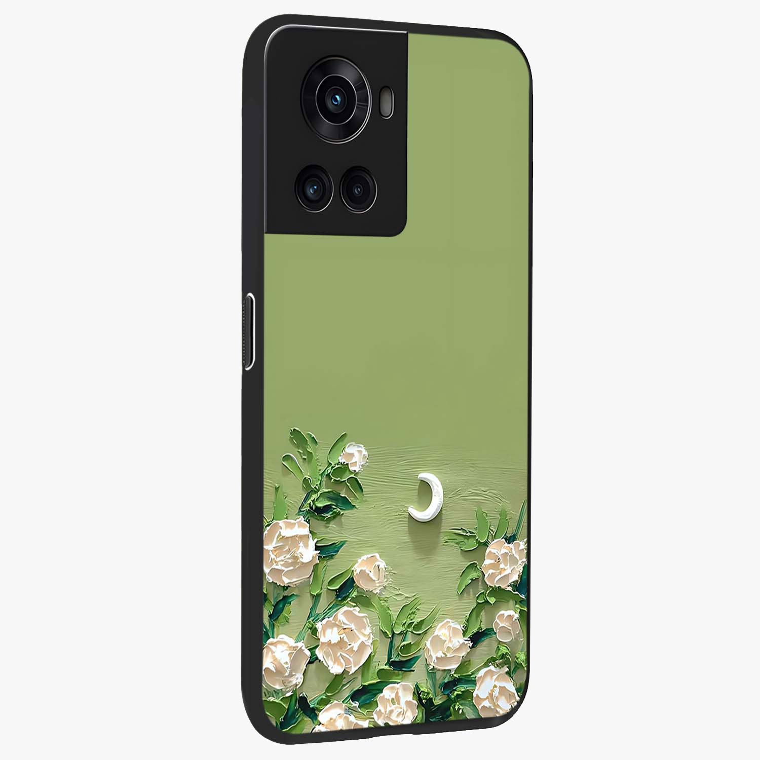 Emerald Bloom Calm Glass Case for 1+10R side perspective highlighting delicate bloom detailing and smooth edges