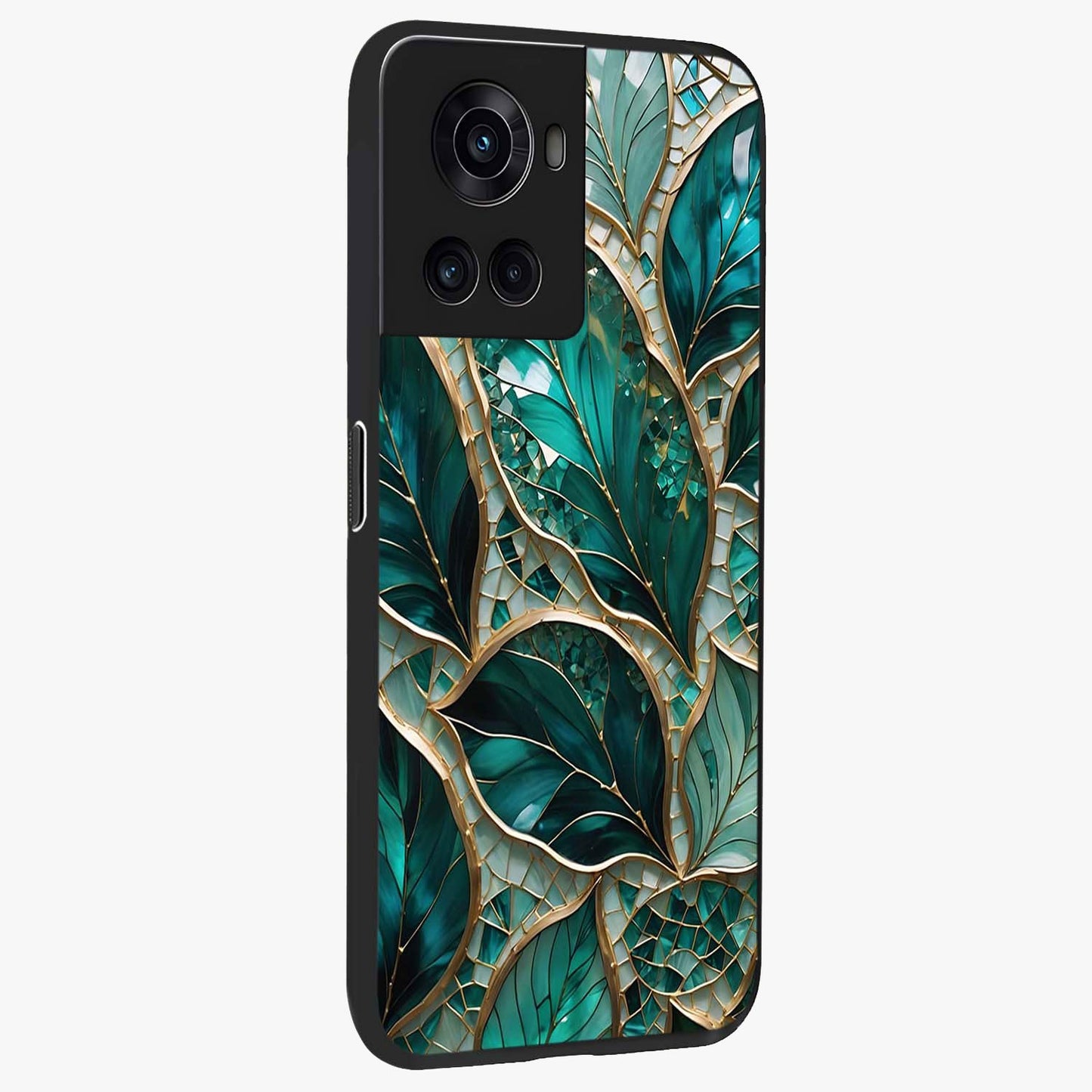 Emerald Leaf Glass Case for 1+10R side perspective highlighting refined leaf textures and sleek build