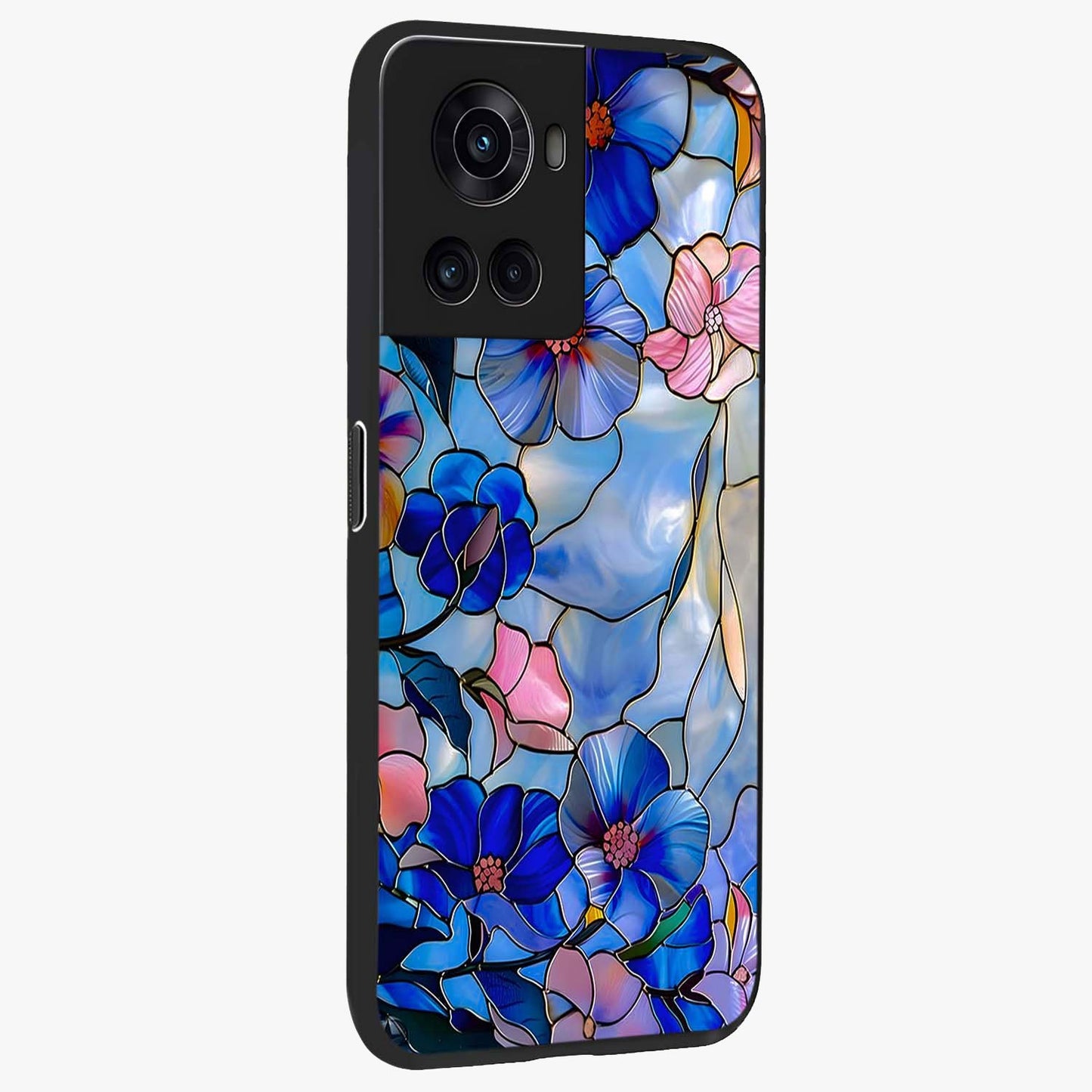 Eternal Floral Stained Glass Case for 1+10R side perspective highlighting colorful floral detailing and premium edge finish