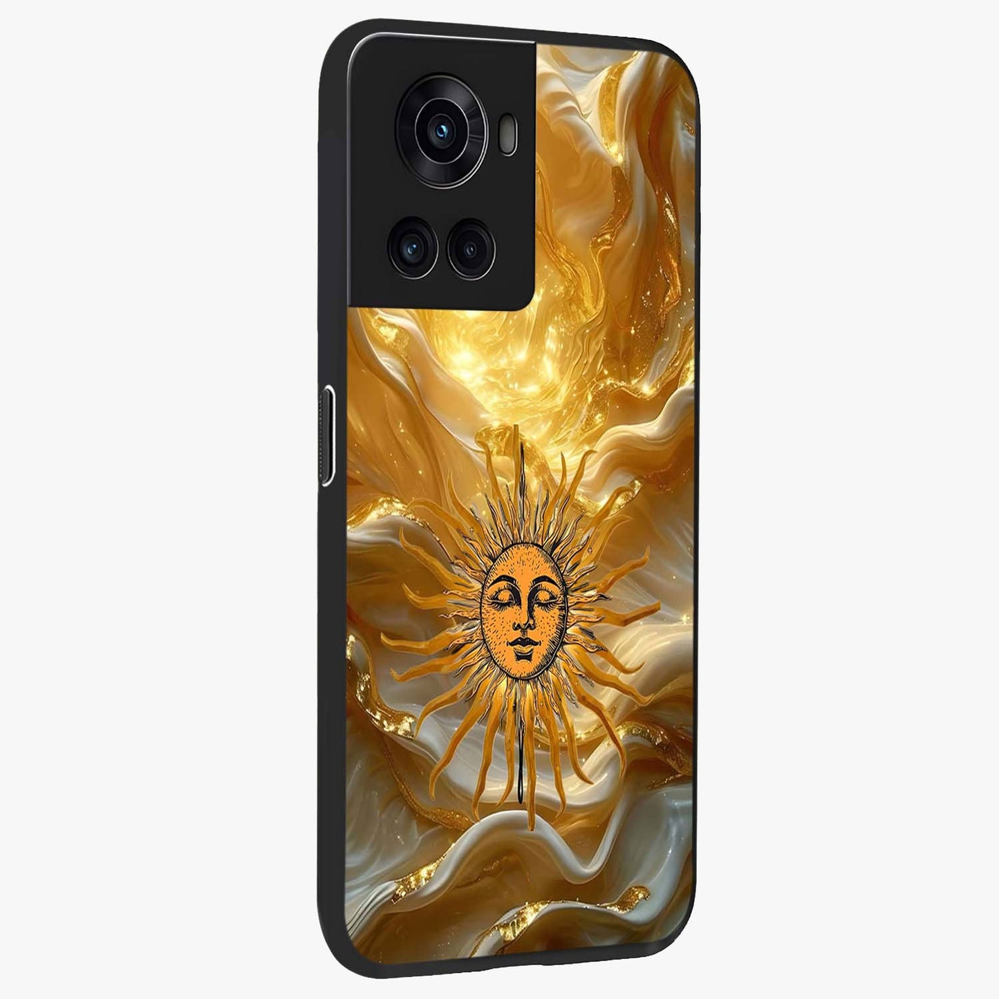 Eternal Golden Glow Glass Case for 1+10R side perspective highlighting rich glow detailing and premium edges