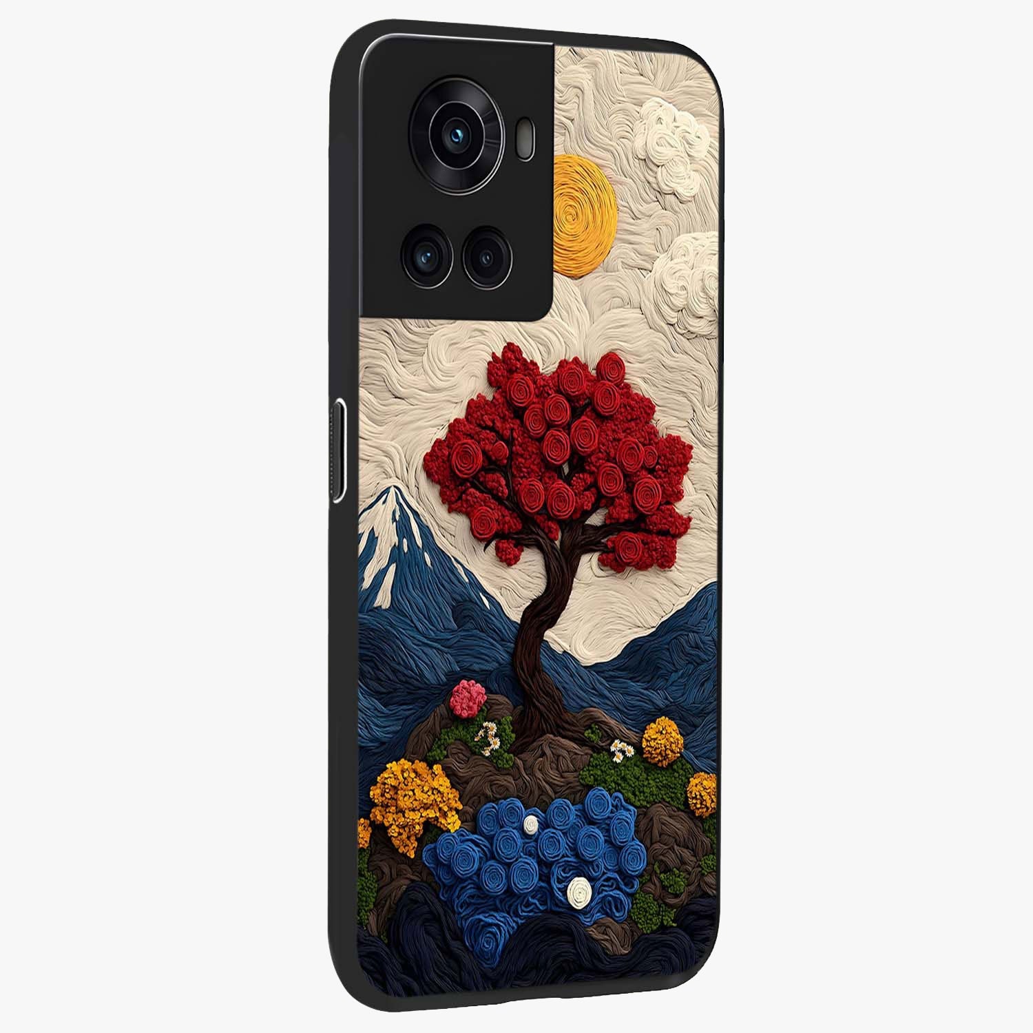 Eternal Nature Tapestry Glass Case for 1+10R side perspective highlighting woven texture design and premium edge finish