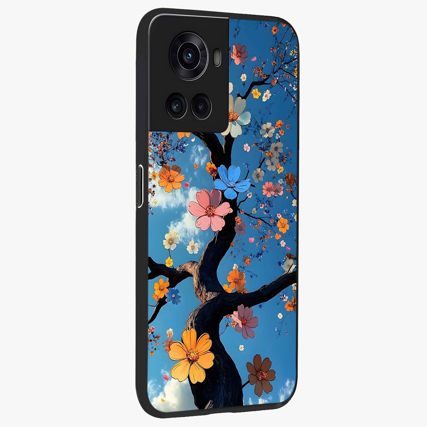 Floral Tree Glass Case for 1+10R side perspective highlighting vibrant floral patterns and sleek edges