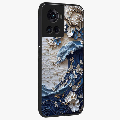 Floral Wave Origami Glass Case for 1+10R side perspective highlighting sharp origami textures and sleek premium edges