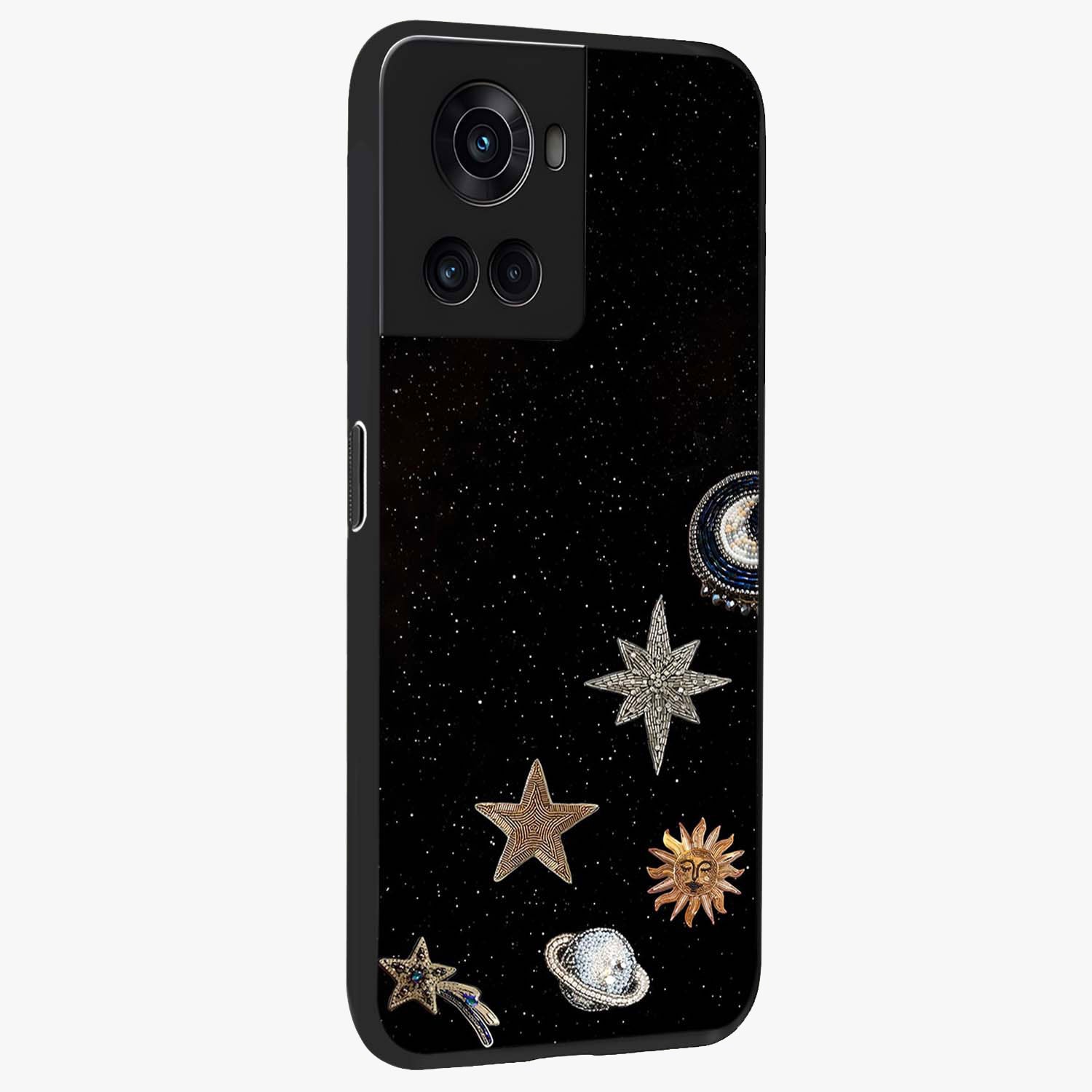 Galactic Charm Glow Glass Case for 1+10R side perspective highlighting vibrant star detailing and sleek premium edges