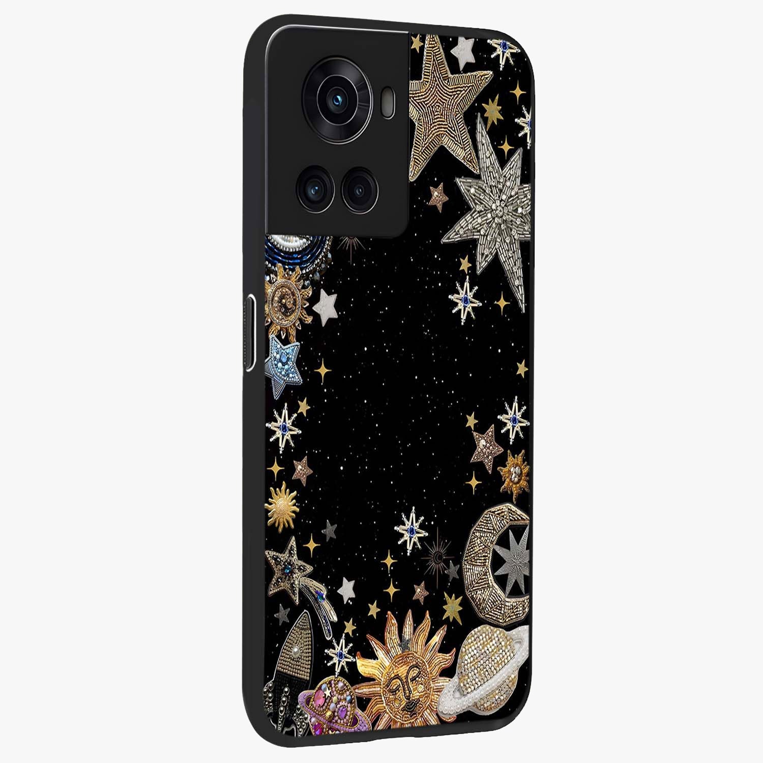 Galactic Jewel Stars Glass Case for 1+10R side perspective highlighting shimmering textures and premium edges