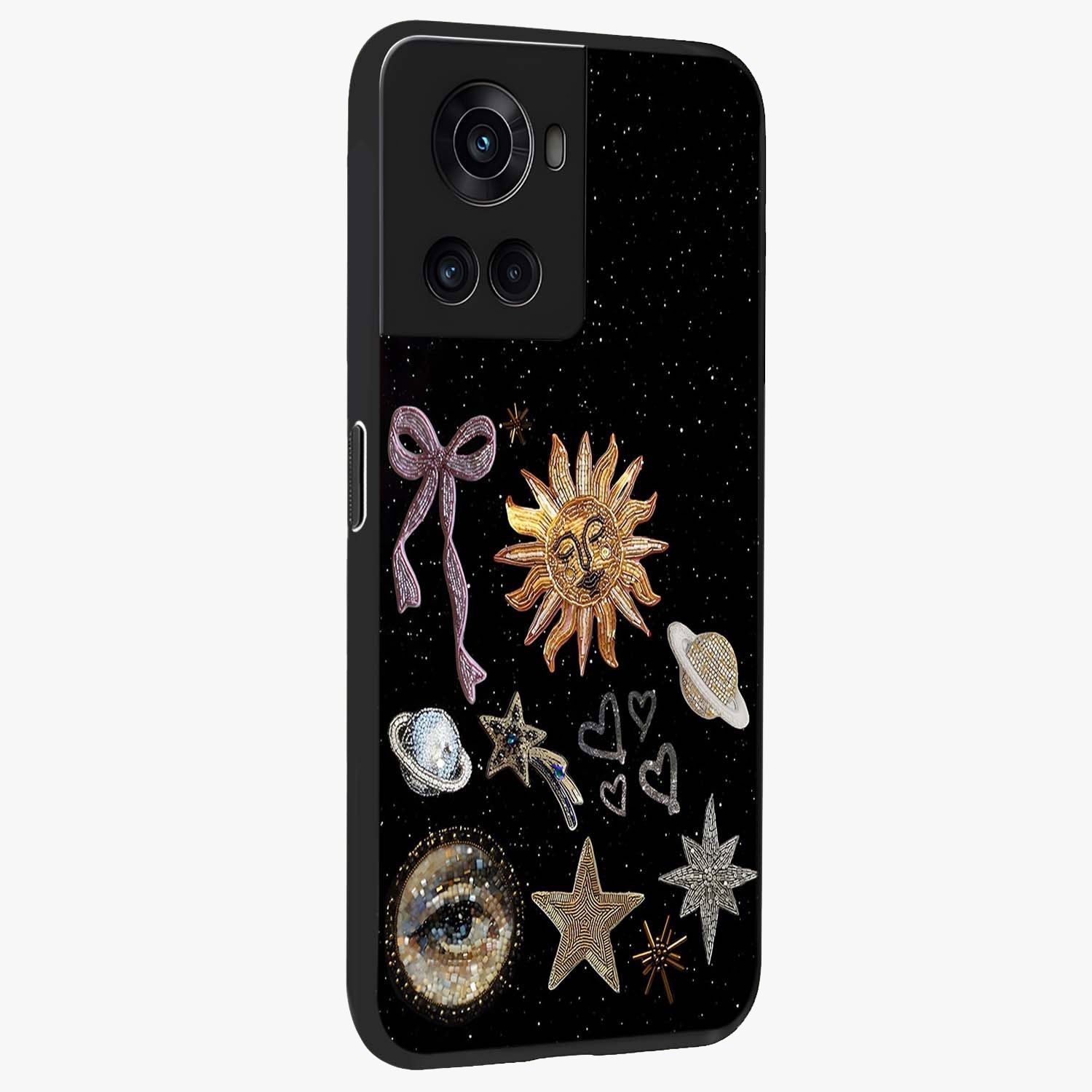 Galactic Sun Charm Glass Case for 1+10R side perspective highlighting glowing sun detailing and premium edge finish
