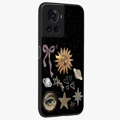 Galactic Sun Charm Glass Case for 1+10R side perspective highlighting glowing sun detailing and premium edge finish