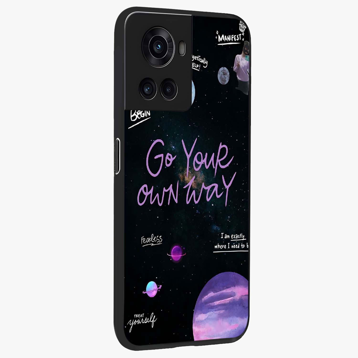 Galactic Vibes Universe Glass Case for 1+10R side perspective highlighting bold cosmic textures and sleek build