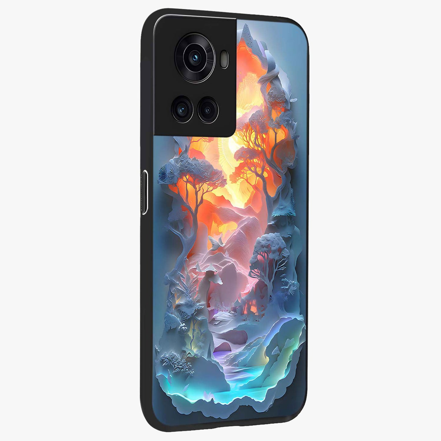 Glow Forest Portal Glass Case for 1+10R side perspective highlighting magical forest textures and premium build