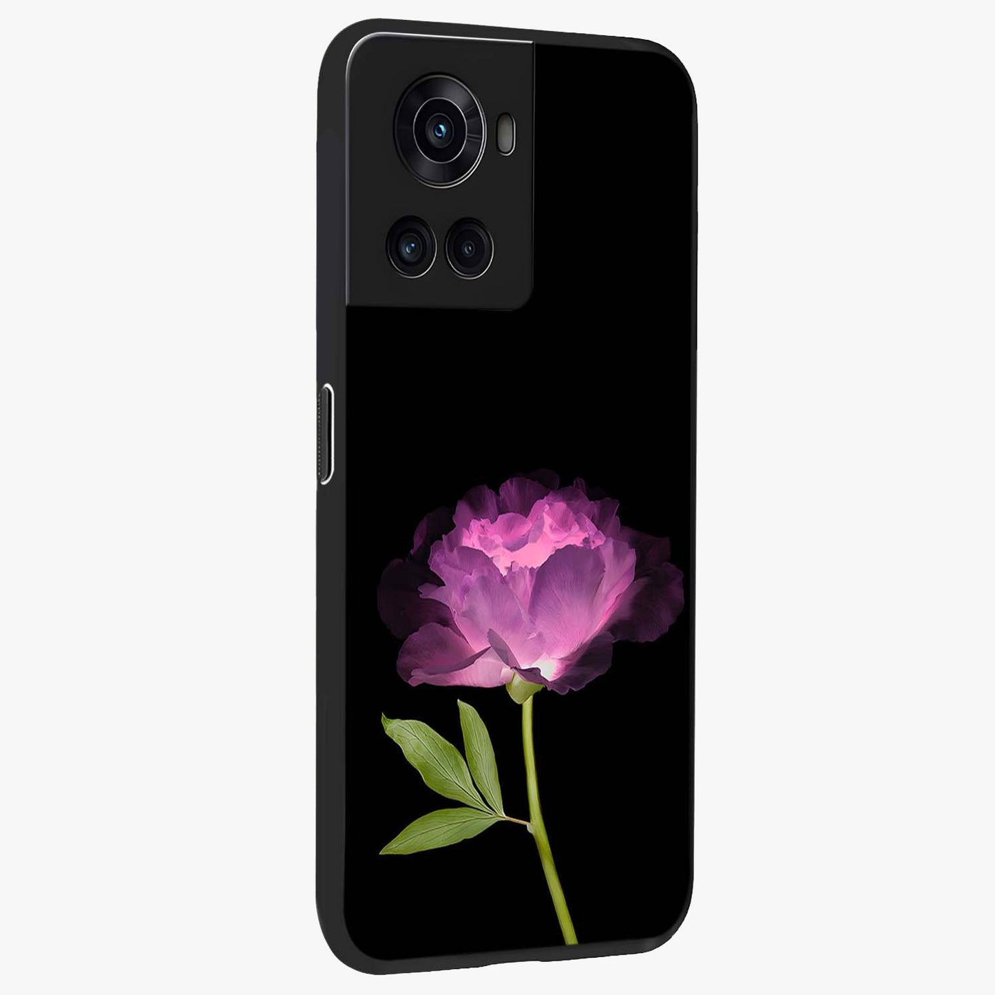 Glow Petal Bloom Glass Case for 1+10R side perspective highlighting glowing bloom textures and sleek edges