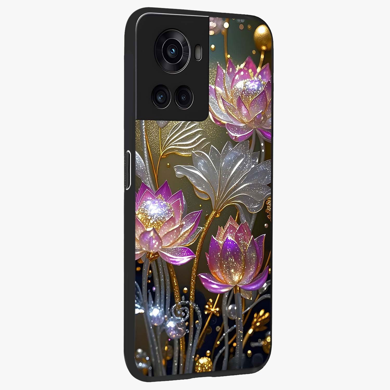 Golden Mind Moment Glass Case for 1+10R side perspective highlighting smooth textures and sleek premium build