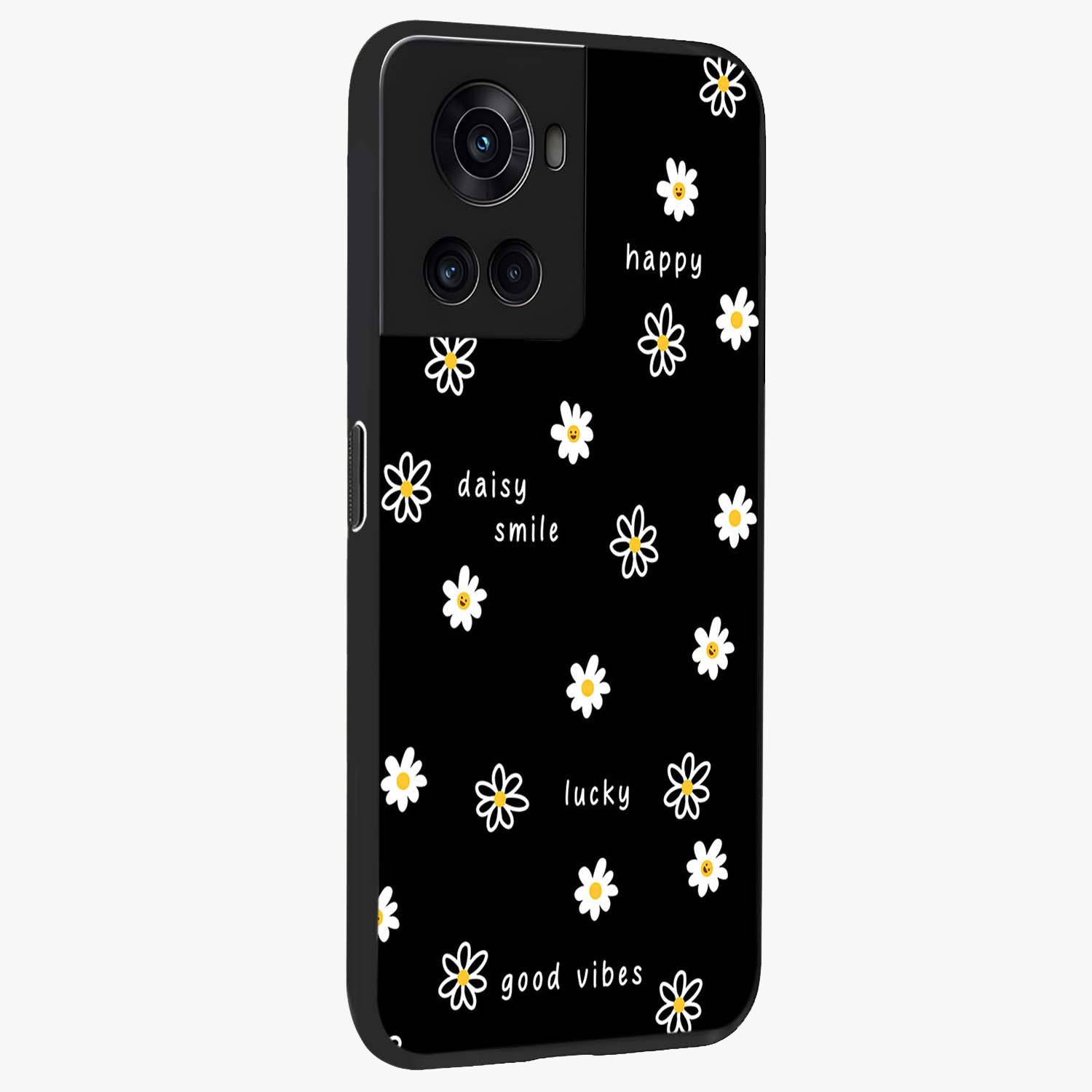 Good Vibes Daisy Black Pattern Glass Case for 1+10R side perspective highlighting playful daisy detailing and smooth edges
