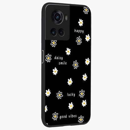 Good Vibes Daisy Black Pattern Glass Case for 1+10R side perspective highlighting playful daisy detailing and smooth edges