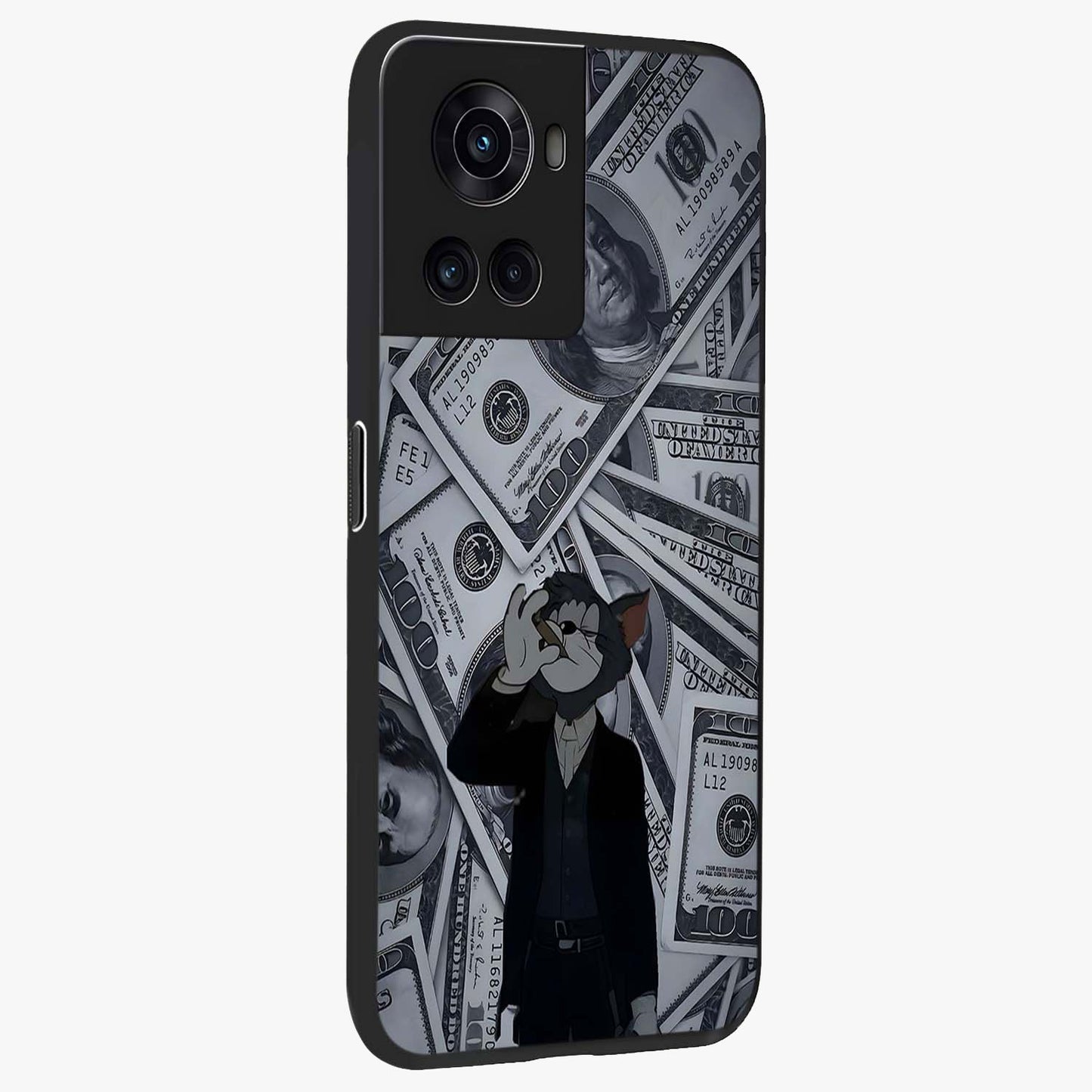 Greedy Fortune Cat Glass Case for 1+10R side perspective highlighting playful textures and smooth edges