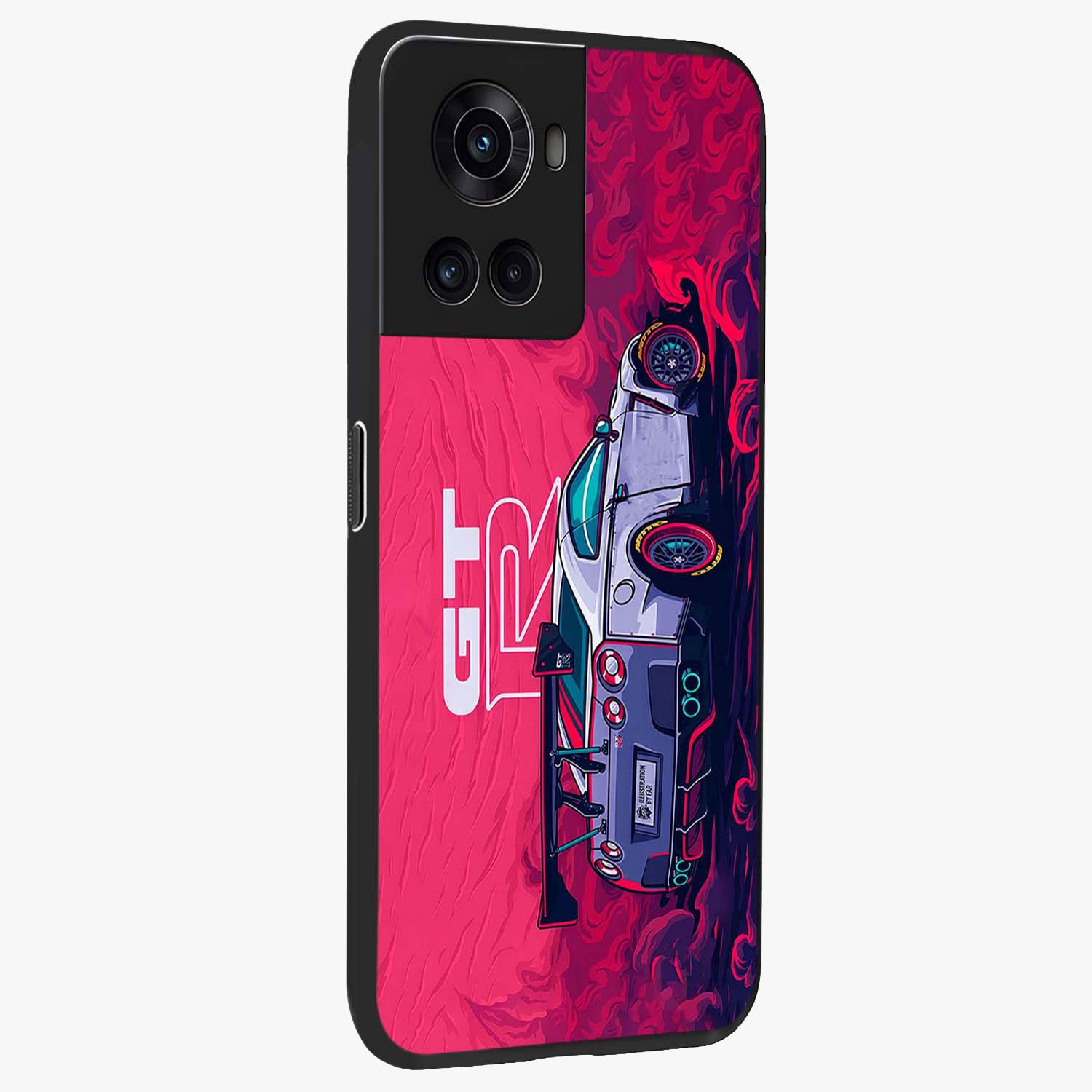 Gt R Car Pattern Glass Case for 1+10R side perspective highlighting dynamic automotive textures and sleek edges