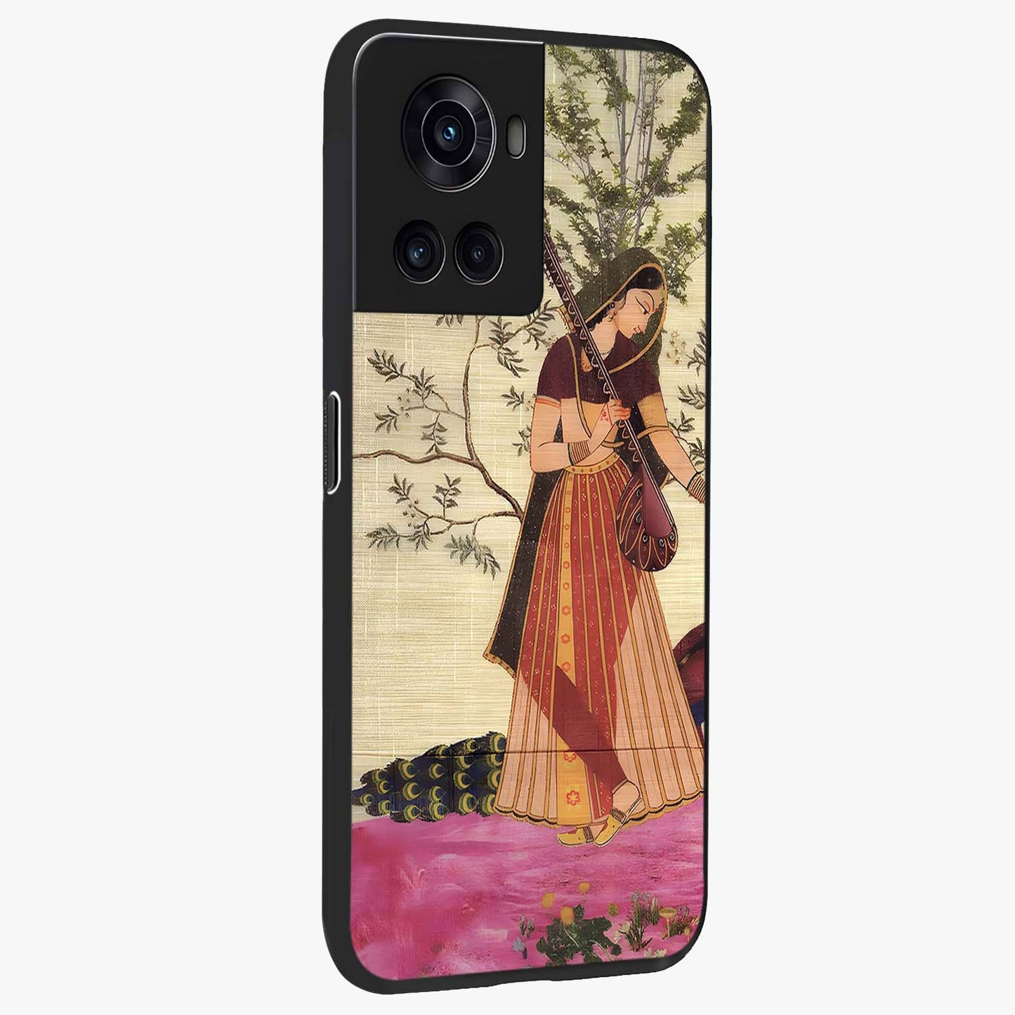 Lady With Veena Art Glass Case for 1+10R side perspective highlighting graceful illustration textures and sleek build