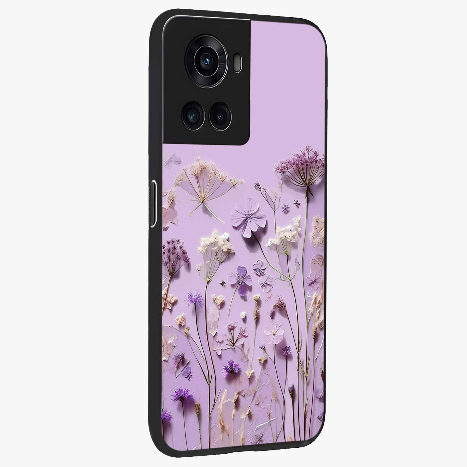 Lavender Blossom Dream Glass Case for 1+10R side perspective highlighting gentle bloom detailing and premium edges