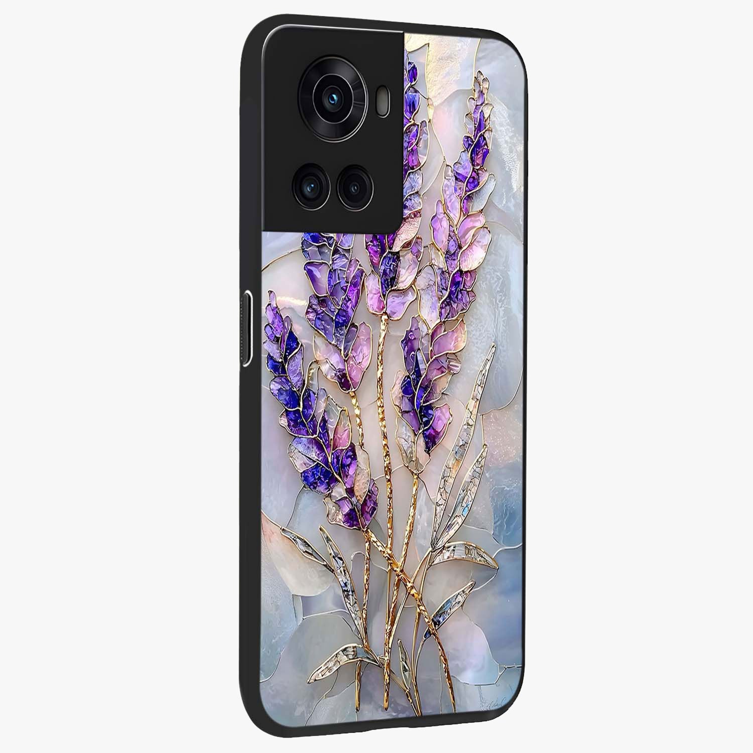 Lavender Dream Glow Glass Case for 1+10R side perspective highlighting vibrant textures and smooth premium build