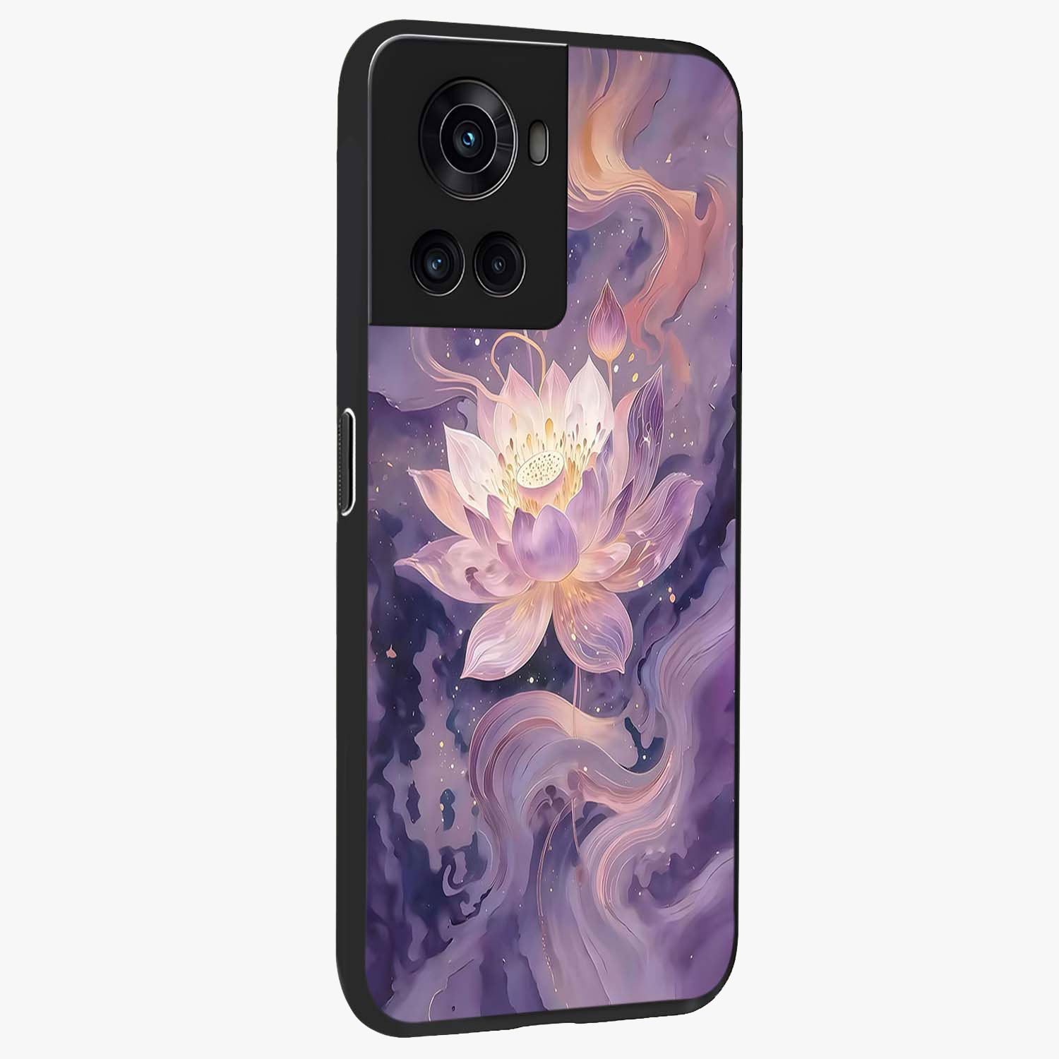 Lavender Lotus Muse Glass Case for 1+10R side perspective highlighting serene lotus textures and premium edges