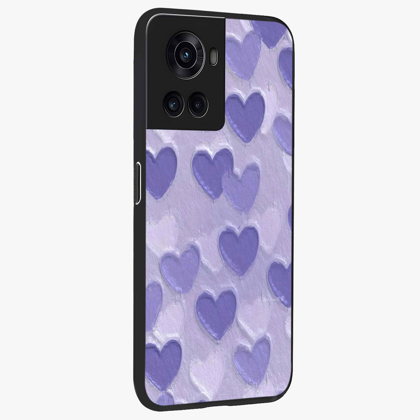 Lavender Paper Hearts Glass Case for 1+10R side perspective highlighting delicate heart textures and sleek build