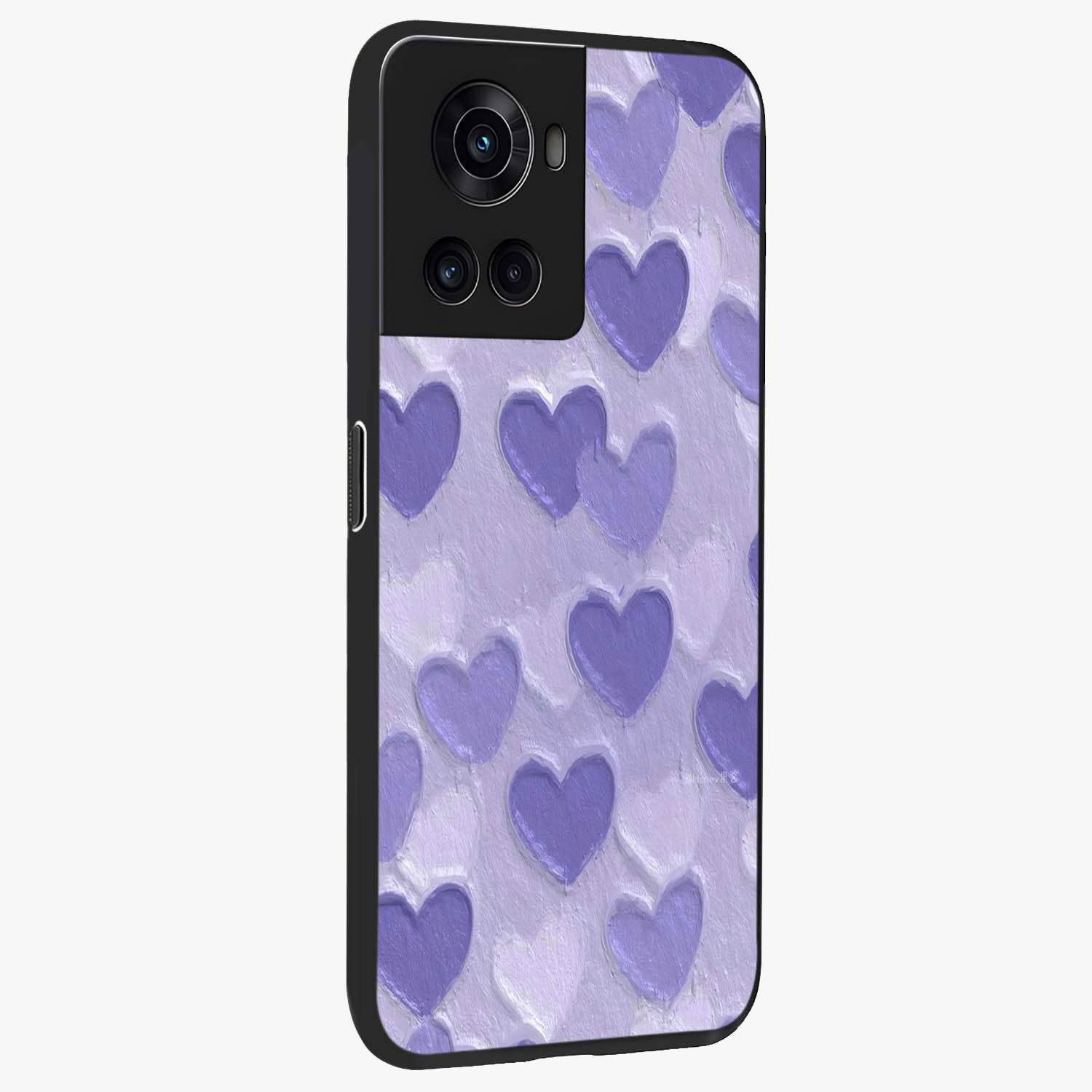 Lavender Paper Hearts Glass Case for 1+10R side perspective highlighting delicate heart textures and sleek build