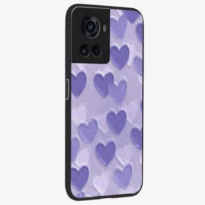 Lavender Paper Hearts Glass Case for 1+10R side perspective highlighting delicate heart textures and sleek build
