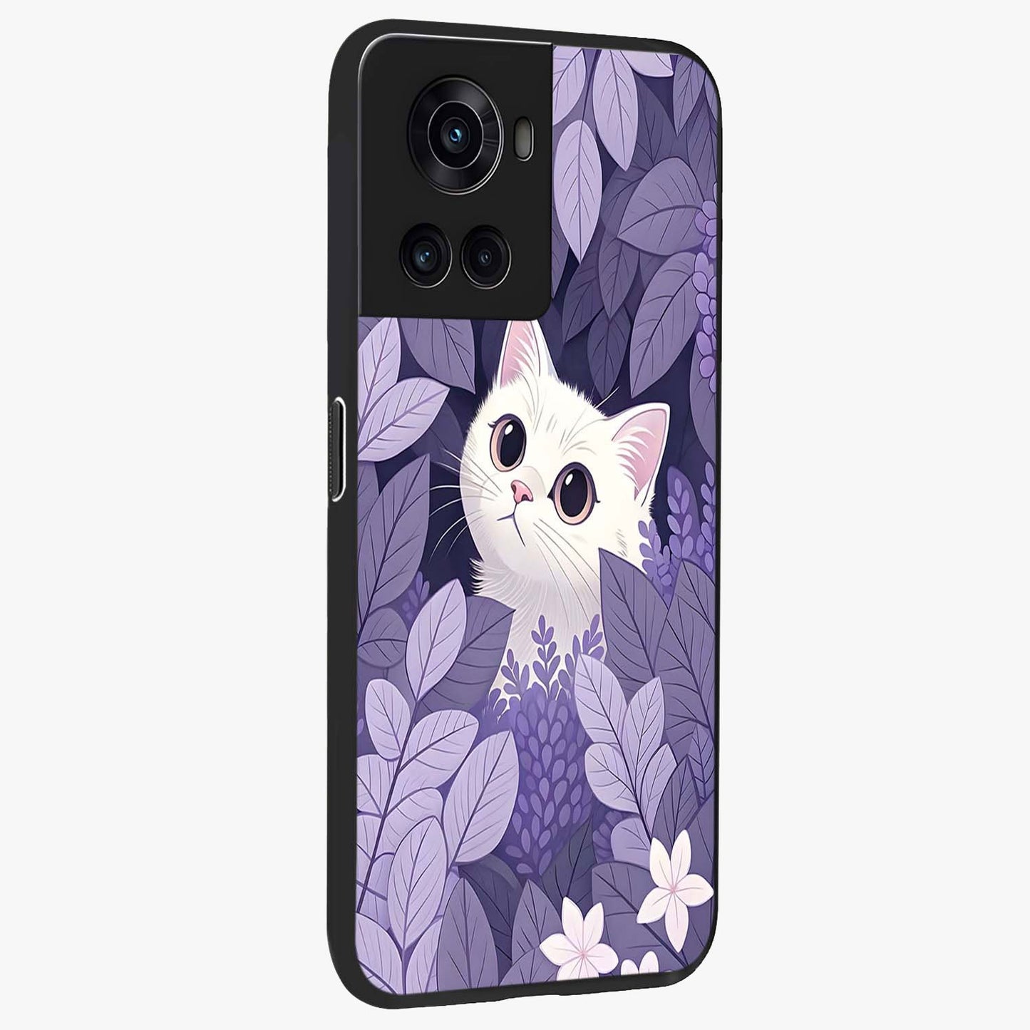 Lilac Hide Peek Cat Glass Case for 1+10R side perspective highlighting charming feline textures and smooth edges