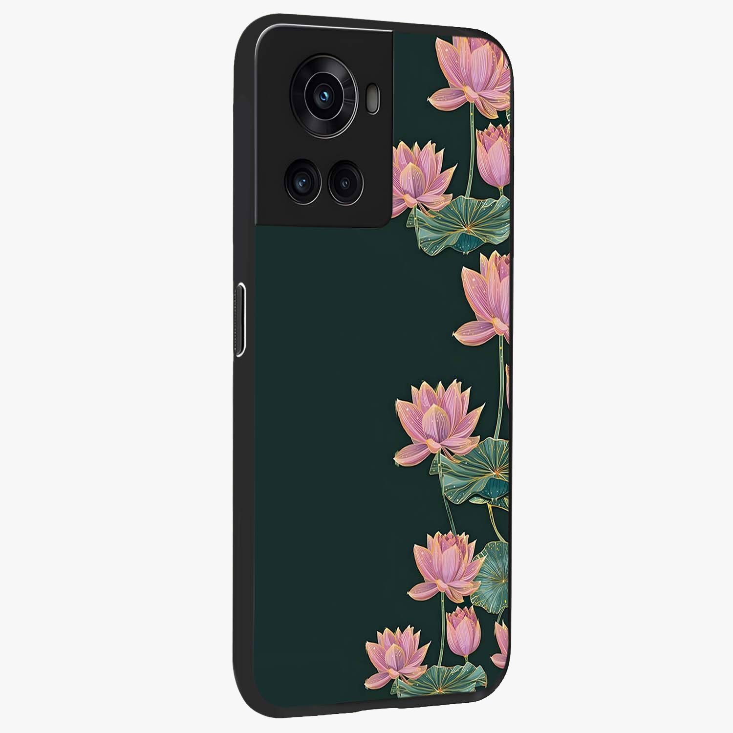 Lotus Bloom Serenity Glass Case for 1+10R side perspective highlighting delicate petal textures and premium edges
