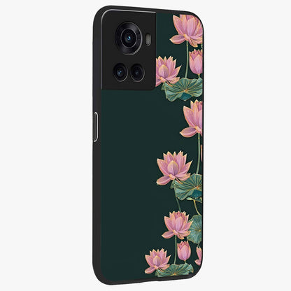 Lotus Bloom Serenity Glass Case for 1+10R side perspective highlighting delicate petal textures and premium edges