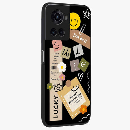 Lucky Aesthetic Collage Case Glass Case for 1+10R side perspective highlighting playful detailing and sleek edges