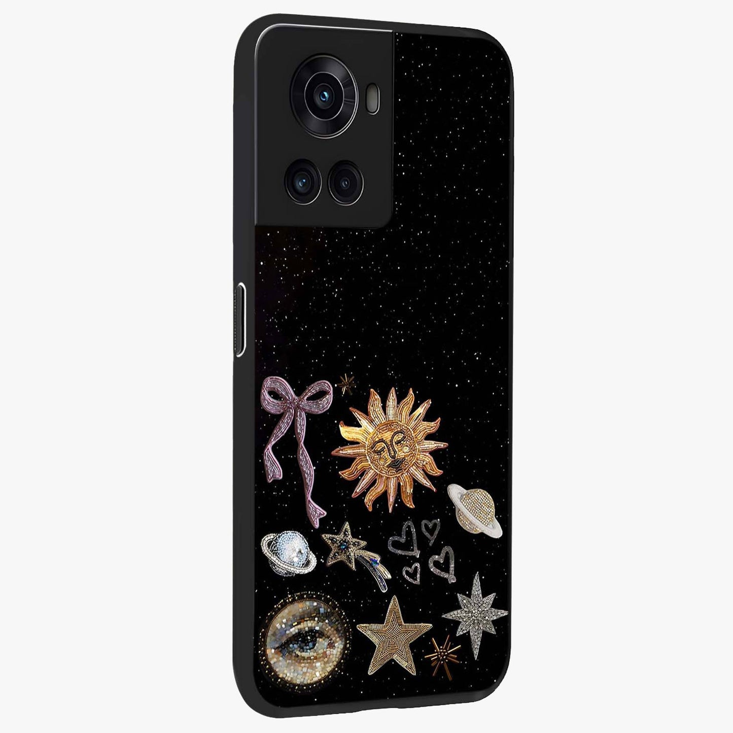Magical Jewelry Vibe Glass Case for 1+10R side perspective highlighting radiant textures and sleek premium build