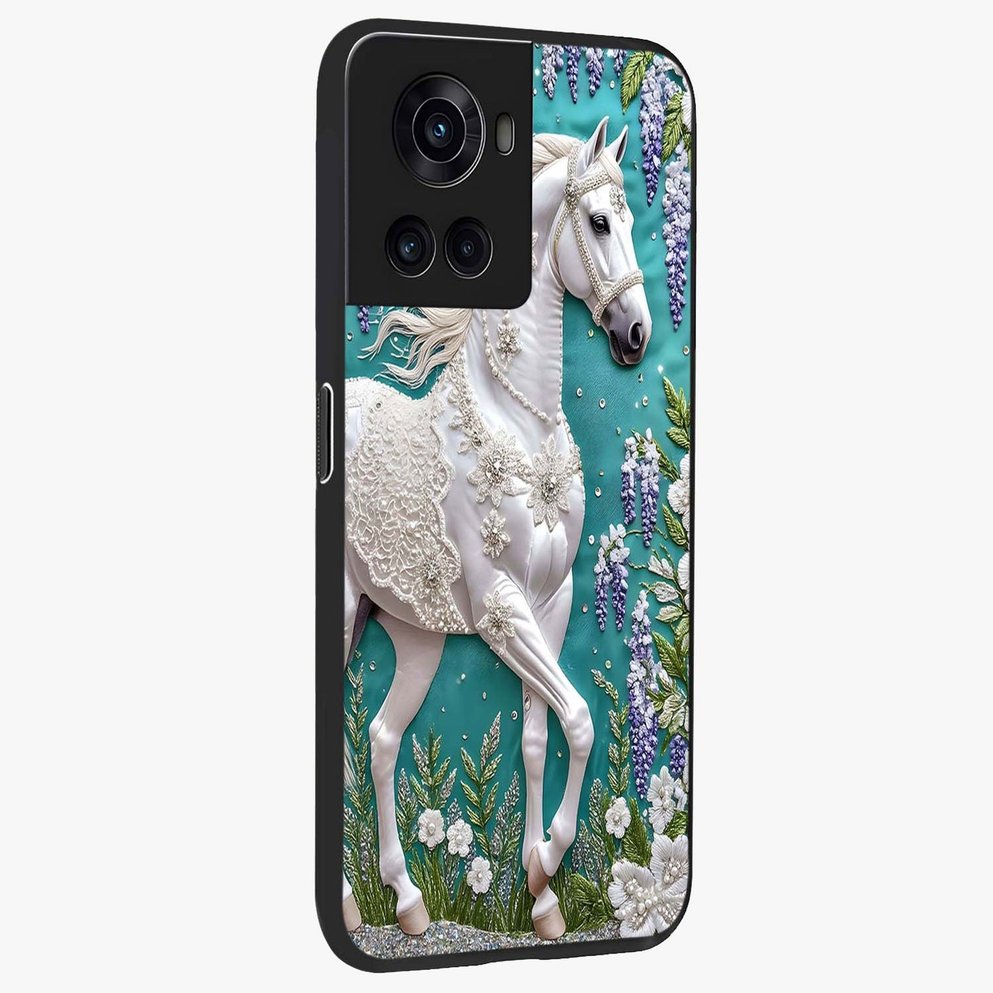 Majestic Floral Stallion Glass Case for 1+10R side perspective highlighting refined equestrian textures and premium edges