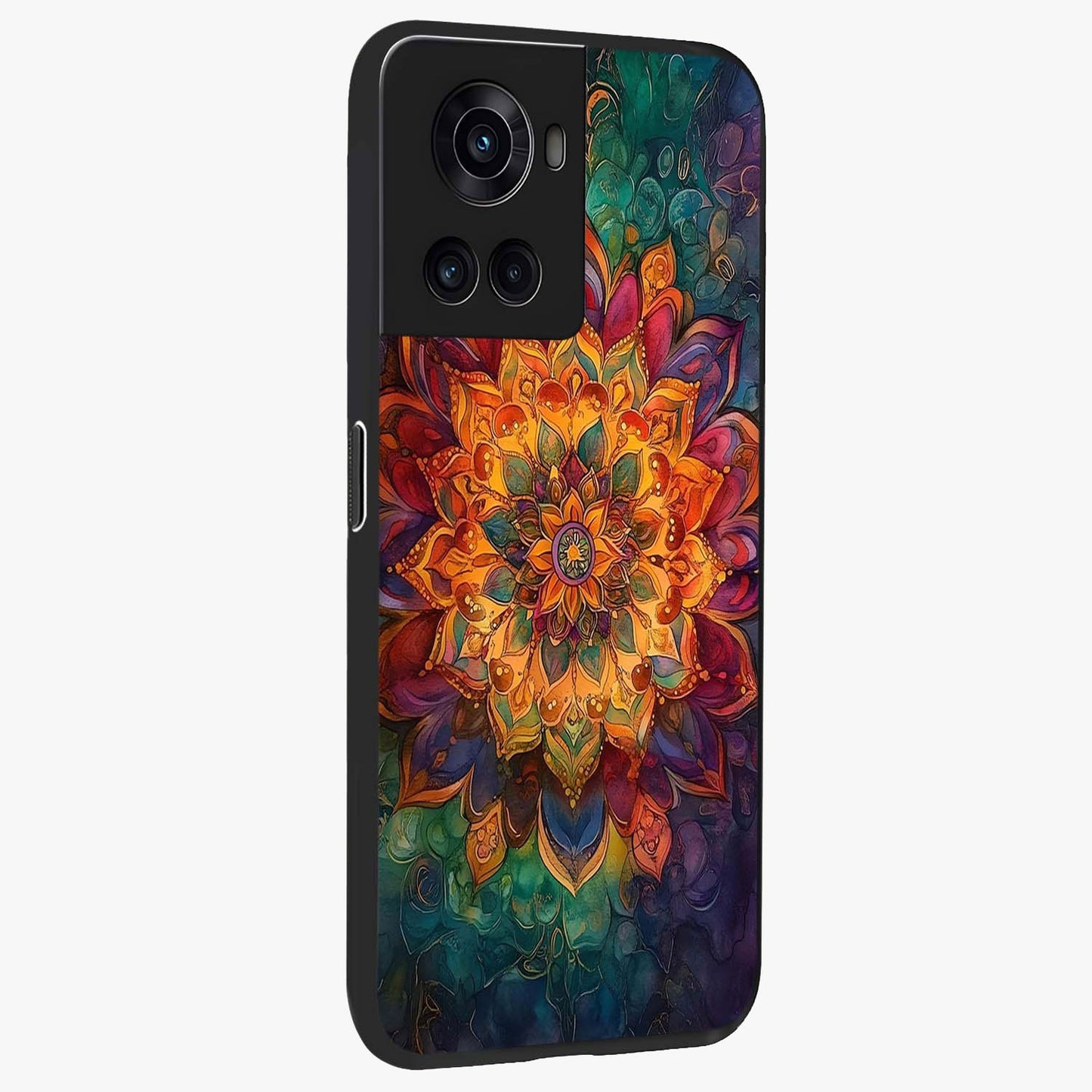 Mandala Vibrants Glass Case for 1+10R side perspective highlighting vibrant ornamental textures and premium edges