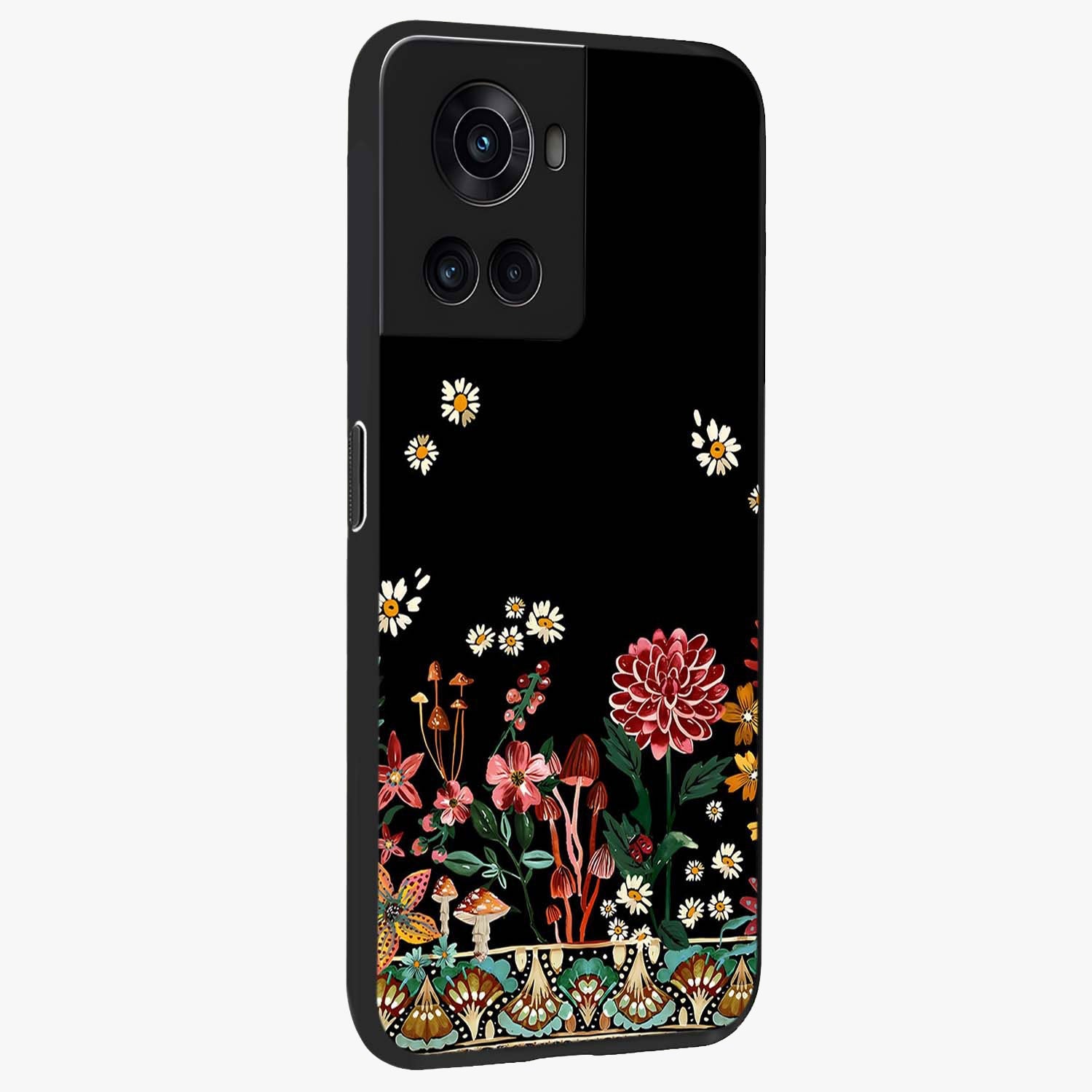 Midnight Bloom Pattern Glass Case for 1+10R side perspective highlighting intricate floral textures and premium edges