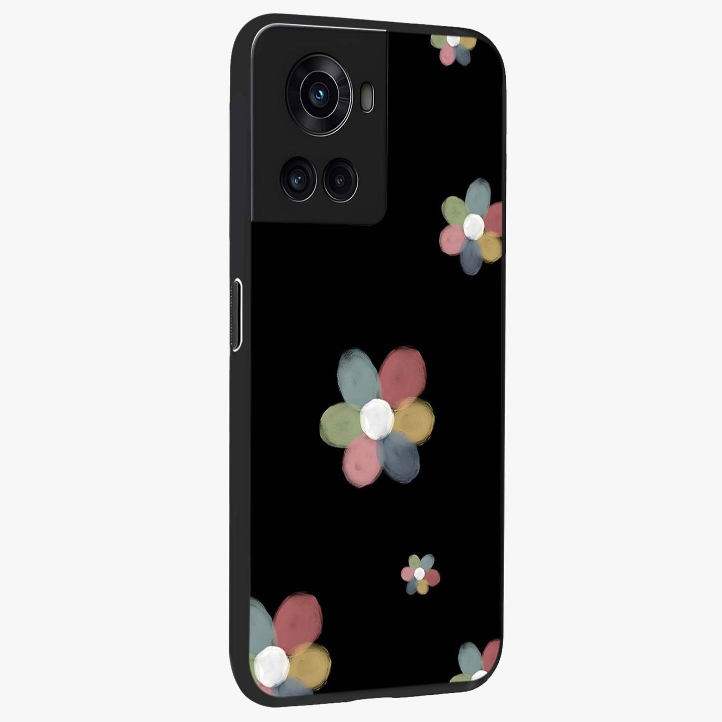 Minimal Floral Charm Glass Case for 1+10R side perspective highlighting refined minimal textures and smooth build