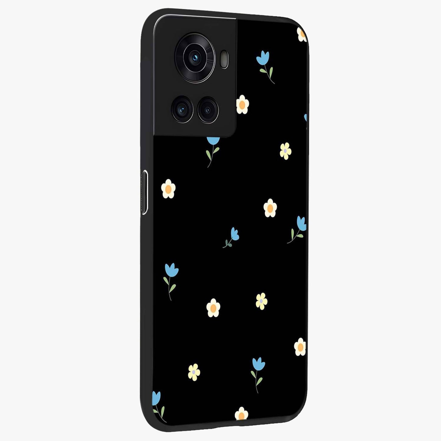 Minimalistic Blue With White Flower Pattern Glass Case for 1+10R side perspective highlighting subtle floral textures and premium edges