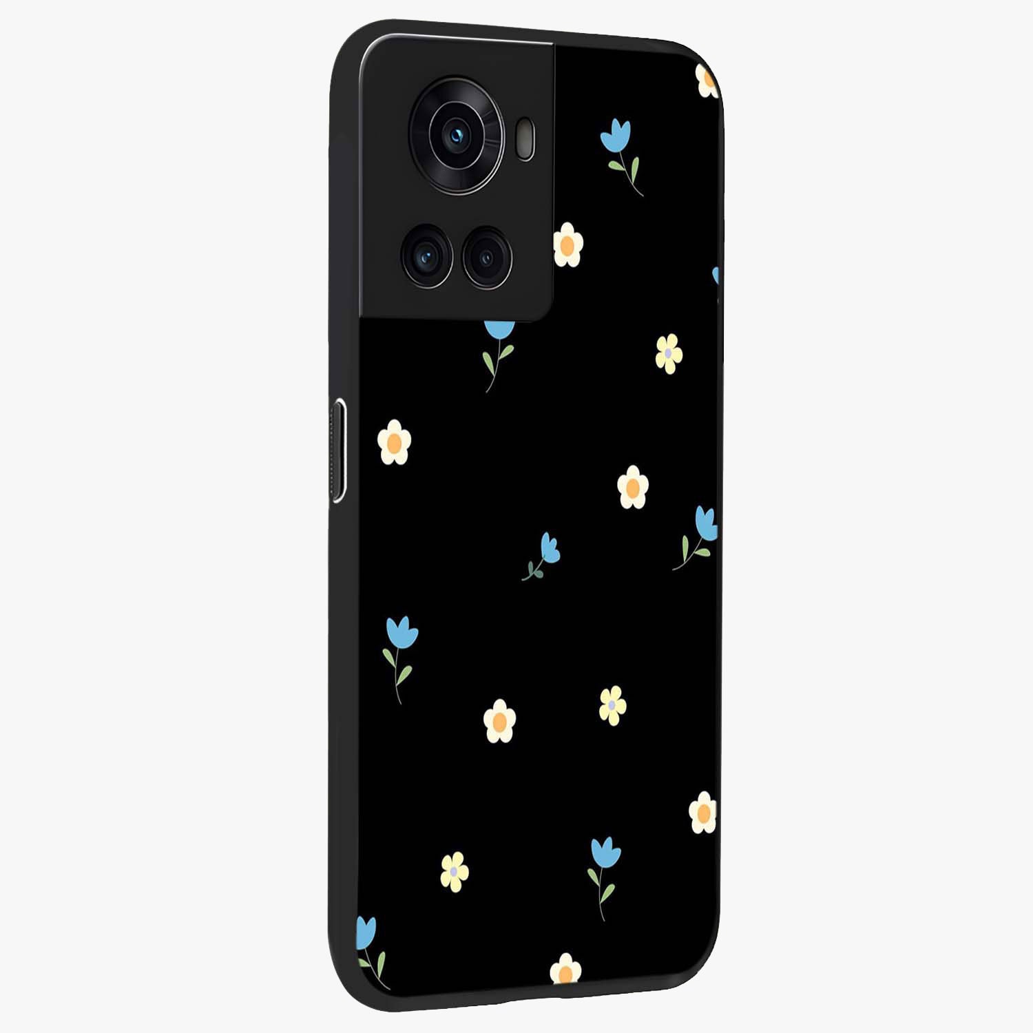 Minimalistic Blue With White Flower Pattern Glass Case for 1+10R side perspective highlighting subtle floral textures and premium edges