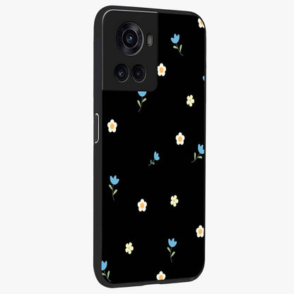 Minimalistic Blue With White Flower Pattern Glass Case for 1+10R side perspective highlighting subtle floral textures and premium edges