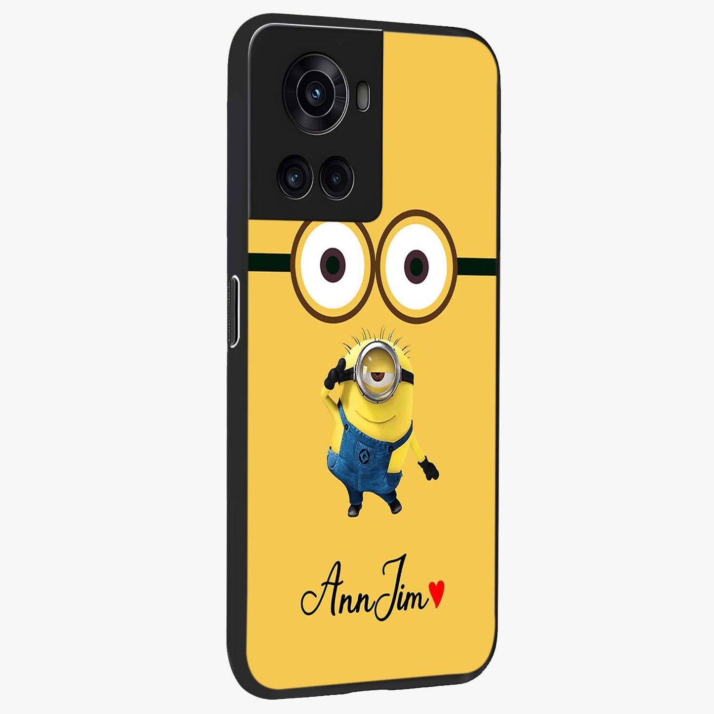 Minion Custom Name Glass Case for 1+10R side perspective highlighting custom typography and smooth premium build