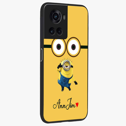 Minion Custom Name Glass Case for 1+10R side perspective highlighting custom typography and smooth premium build